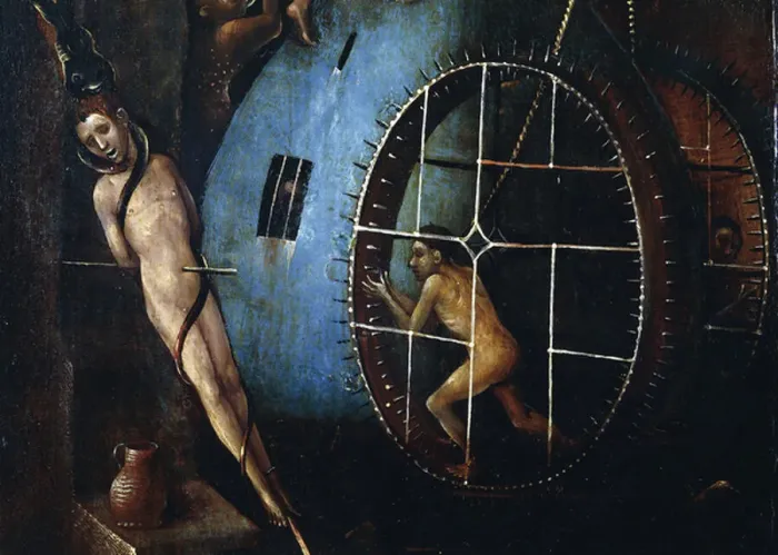 Framed Print : Tryptic of the Last Judgement, central panel. A man pierced with an arrow and another prisoner of a wheel covered with spades (painting on wood, c. 1504)