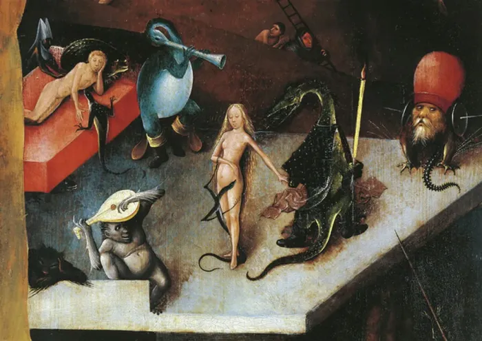 Framed Print : Tryptic of the Last Judgement, central panel. Lust with a naked woman coveted by monsters (painting on wood, c. 1504) Framed Print : Tryptic of the Last Judgement, central panel. Lust with a naked woman coveted by monsters (painting on wood, c. 1504)
