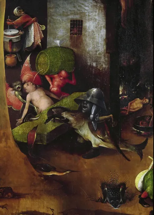 Framed Print : Tryptic of the Last Judgement: central panel. Detail of monstrous animals forcing a man to drink the liquid coming out of a barrel filled with excrements. (Painting on wood, c. 1504)
