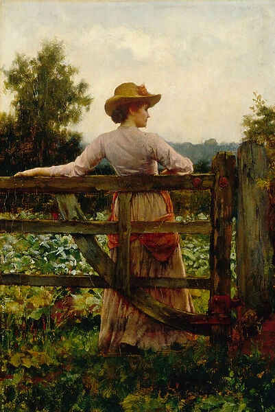 The Trysting Place, Woman Leaning on Gate (oil on panel)