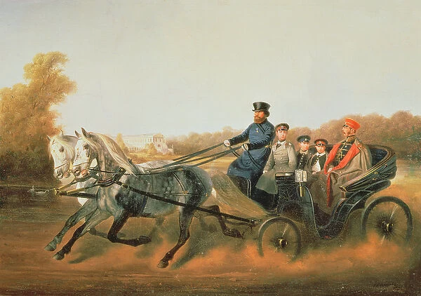 Tsar Alexander II (1818-81) Driving with his Sons in Zarskoje Selo, 1850s (oil on canvas)