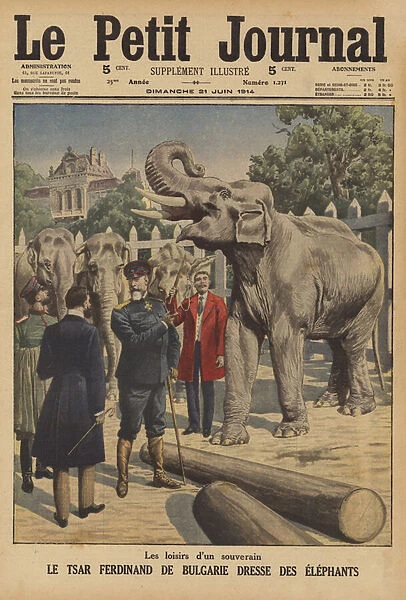 Tsar Ferdinand I of Bulgraia training elephants (colour litho)