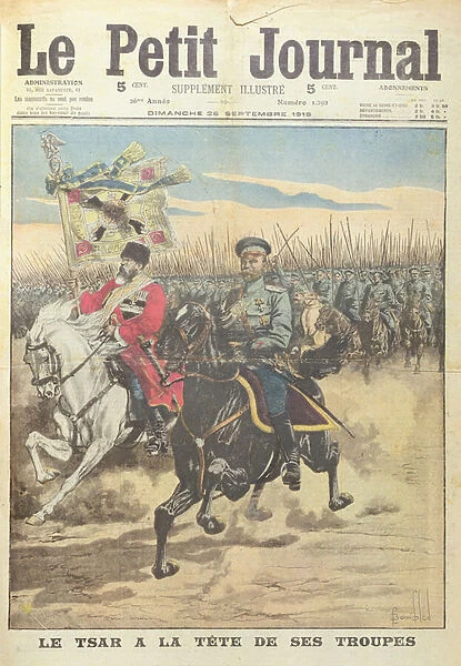 Tsar Nicholas II of Russia at the head of his troops, front cover illustration from