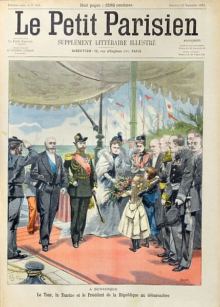 Tsar Nicolas II with his wife, Tsarina Alexandra are welcomed at Dunkirk by President
