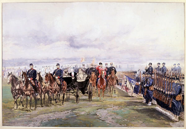 Tsar Nicolas reviews the troops with Felix Faure in Chalon-sur-Marne during his visit in