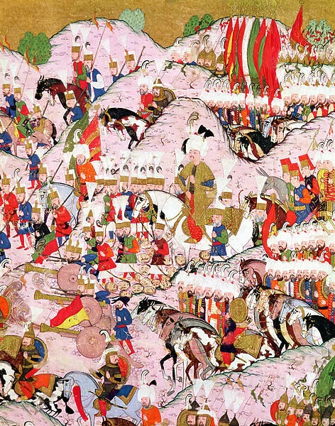 TSM H. 1524 Hunername manuscript: Suleyman the Magnificent (1494-1566) at the Battle of Mohacs in 1526, from the Book of Excellence by Lokman, 1588 (gouache on paper) (detail of 184026)