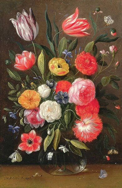 Tulips, Roses, Anemones and other Flowers in a Glass Vase with Butterflies