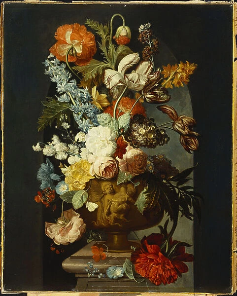 Tulips, Roses, Hyacinth, Auricula and other Flowers in a Sculpted Urn on a Stone Pedestal