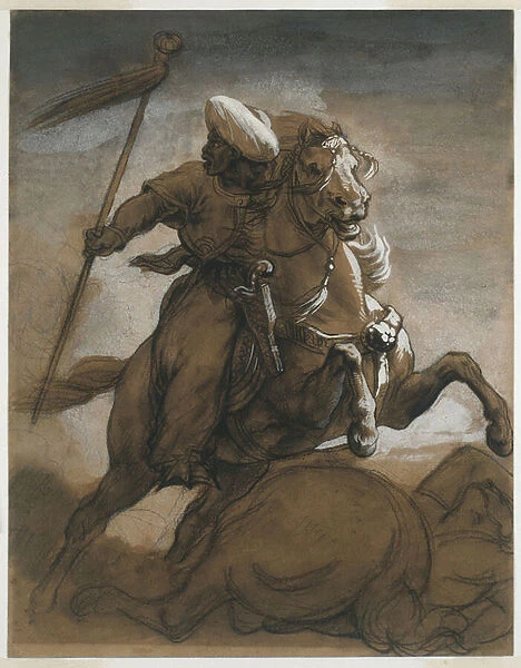 Turkish Cavalier in Combat, c. 1818 (brown wash, heightened with gouache on paper)