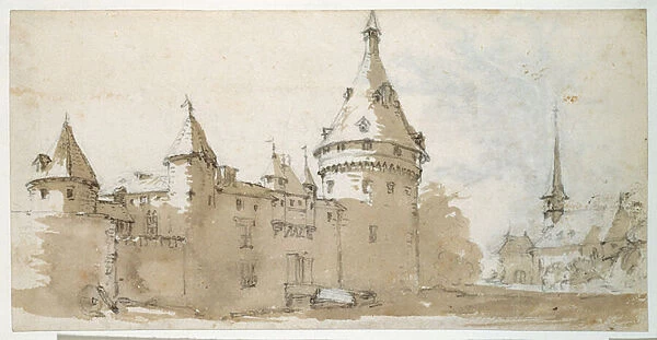 A turreted chateau and a church (brown & grey wash over black chalk on paper)