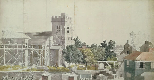 Twickenham Church under Scaffolding, 18th century (w  /  c, pen & ink on paper)