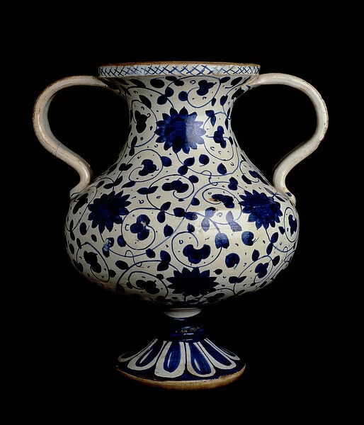 Two-handled polychrome lustre-ware baluster vase with blue and white decoration, Italian