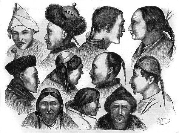 Type of indigenous peoples of Eastern Siberia, Russia: 1. Sungari Central Daure; 2. and 11. Virar tonguse of the Buria Mountains; 3. Central Sungari Solon; 4. Western Baikal Tongouse; 5. Chief of the Eastern Saya Soyotes; 6. 7. 8. 9