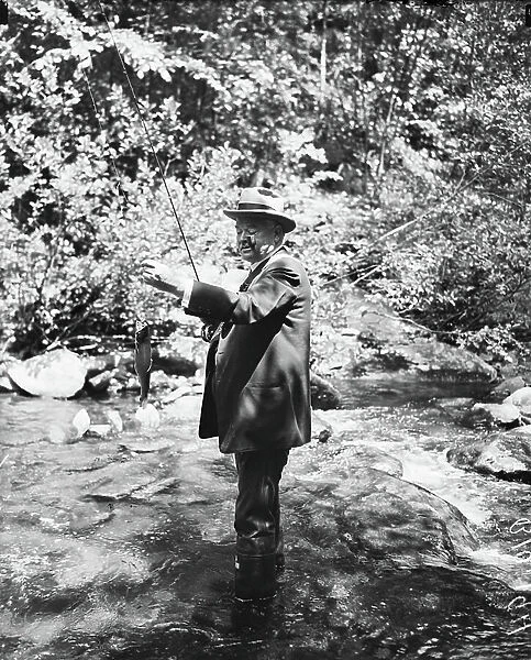 Former U. S. President Herbert Hoover Fishing, 1936 (b / w photo)