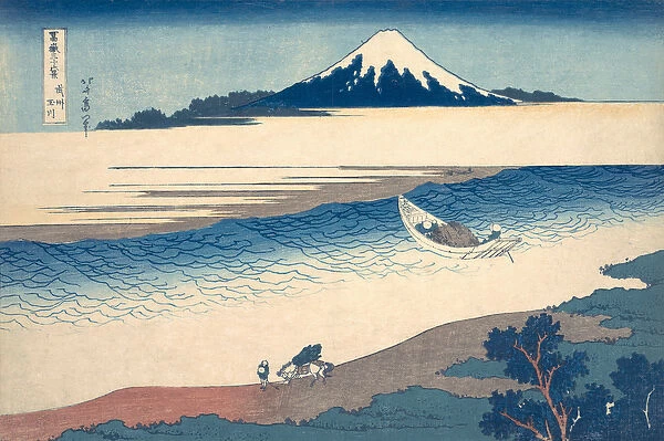 Ukiyo-e Print of the Tama River and Mt. Fuji by Hokusai, 1823-29 (colour woodblock print)