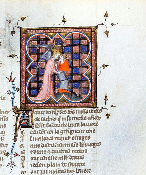 'Un ange couronne embrassant un homme'Page enluminee tiree du manuscrit 'Le Roman de la Rose'de Guillaume de Lorris (vers 1200-1238) et Jean de Meun (Meung) (1240-1305)