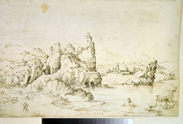 'Un chateau perche sur une montagne'(A Castle on a Rock in Mountainscape) Dessin a l encre brune de Gherardo Cibo (1512-1600) 1540 Musee Pouchkine, Moscou