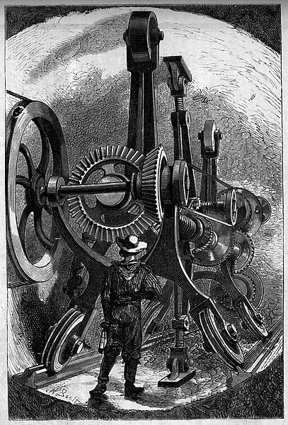 Underwater tunnel project between France and England, 1882: compressed air drilling machine used for tunnel construction. Engraving by Scott in 'Le Monde Illustre'n'1320 of July 15, 1882