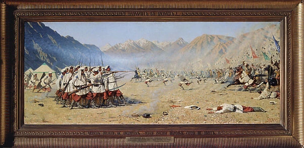 Une attaque soudaine (A Suddenly Attack) (Conquete du Turkestan par la Russie imperiale, 1862-1873) - Peintre de Vasili Vasilyevich Vereshchagin (Vassili Verechtchaguine) (1842-1904), huile sur toile, 1871