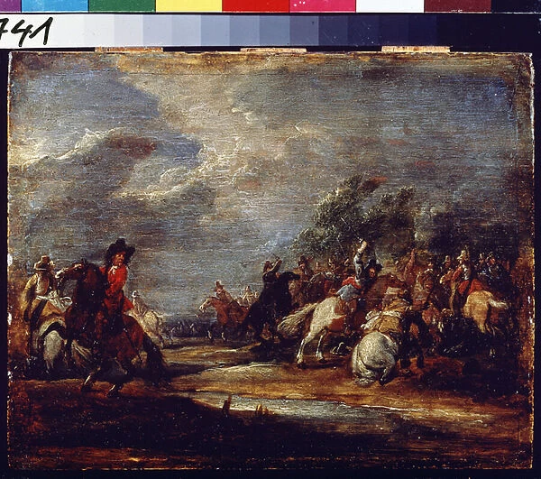 Une bataille. A battle. Peinture de Adam Frans van der Meulen (1632-1690), vers 1660. Huile sur bois. Art flamand, style baroque. Musee des Beaux Arts Pouchkine, Moscou