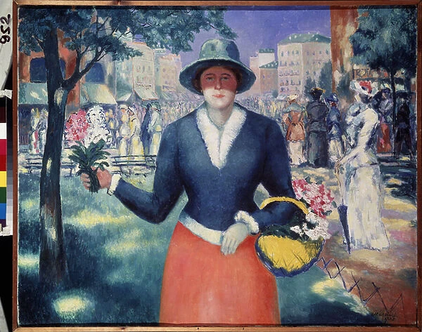 Une bouquetiere (A Flower Girl). Scene d ete, la foule se promene dans un parc public au milieu de la ville, portrait d une vendeuse de fleurs. Peinture de Kasimir Severinovich Malevitch (Malevich, Malevic) (1878-1935), huile sur toile, 1903