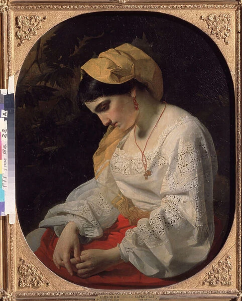 Une jeune mariee (A Bride). Portrait de profil d une jeune femme triste, a l expression resignee. Peinture de Yakov Fyodorovich Kapkov (1816-1854), huile sur toile, 1851. Art russe 19e siecle. State Tretyakov Gallery, Moscou