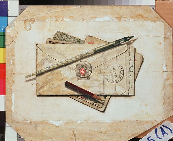 Une lettre et des cartes a jouer. Nature morte. Oeuvre de Vladimir Pavlovich Sokolov (1860-1913), aquarelle sur papier. Art russe, 19e siecle. State Regional I. Pozhalostin Art Museum, Riazan (Russie)