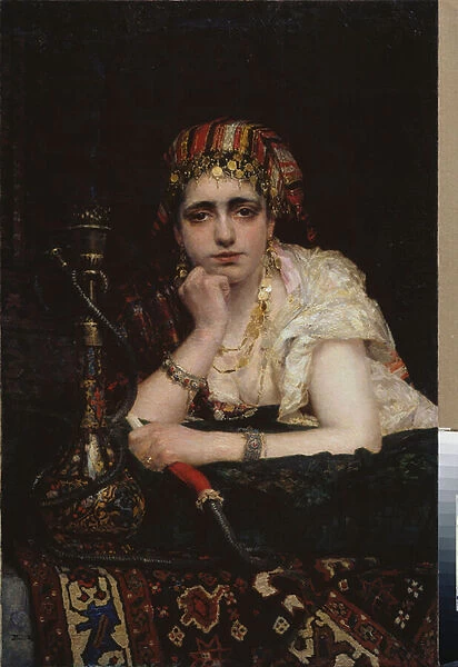 Une odalisque. (Portrait d une femme de harem, au regard melancolique, tenant un narguile). Peinture de Vasili Dmitrievich Polenov (1844-1927), huile sur toile. Art russe 19e siecle, orientalisme