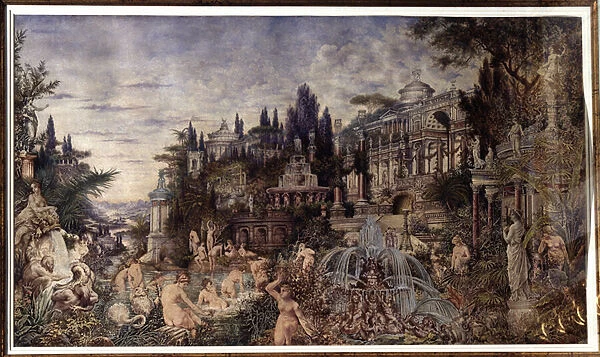 Une orgie (An Orgy). Scene de celebration devant des palais antiques romains, rassemblant un cortege dionysiaque de satyres et de bacchantes, dans des scenes de bains