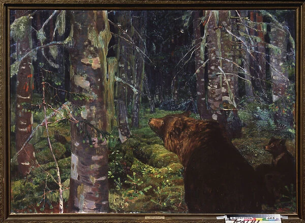 Une ourse. (Avec ses petits, dans une foret de coniferes). Peinture de Arkadi (Arkady) Alexandrovich Rylov (1870-1939), huile sur toile, 1916. Art russe, 20e siecle. State Art Museum, Nijni Novgorod (Russie)