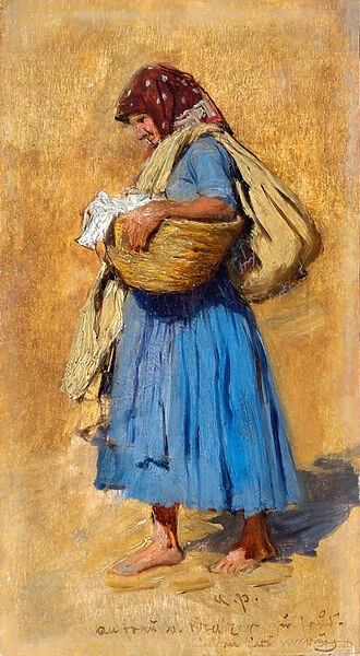 Une paysanne mouche son nez (A Farmers Wife Blowing her Nose) - Peinture de August Ritter von Pettenkofen (1821-1889), huile sur bois (15, 4x8, 4 cm), vers 1871-1874 - Leopold Museum, Vienne (Autriche)