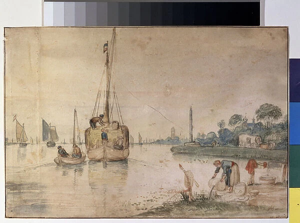'Une peniche transportant du foin'(A barge with hay) Dessin a l encre et acquarelle de Hendrick Avercamp (1585-1634) 1625-1630 Musee des Beaux Arts Pouchkine, Moscou