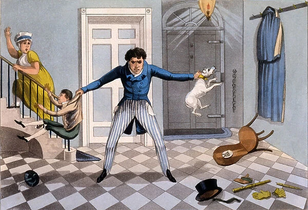 Unfeelingness - Advice to a man on venting his temper on the least guilty, from the series The Necessary Qualifications of a Man of Fashion, 1823 (hand-coloured aquatint)
