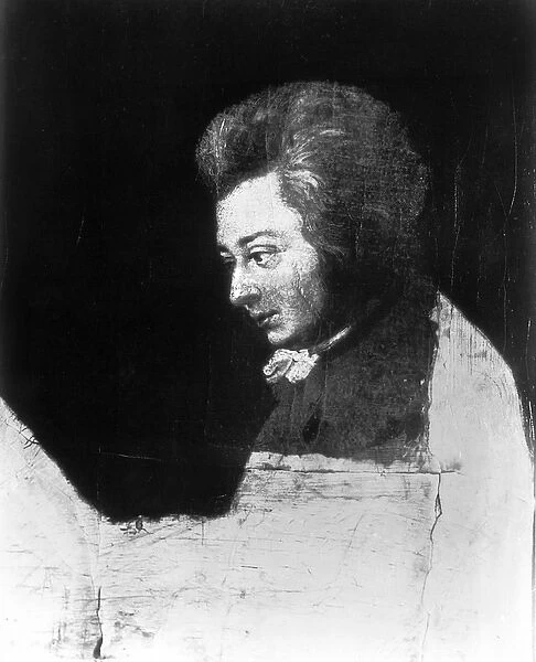 Unfinished Portrait of Wolfgang Amadeus Mozart (1756-91) (b  /  w photo)