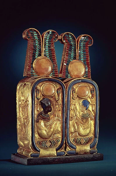 Unguent box in the form of a double royal cartouche, from the tomb of Tutankhamun, New Kingdom (gold plated wood inlaid with glass paste)