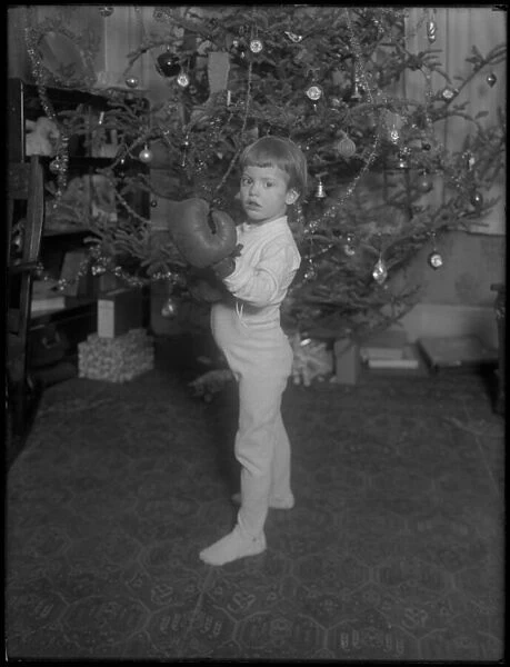 Unidentified child standing in front a Christmas tree wearing boxing gloves