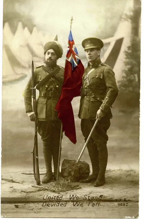 Framed Print : United We Stand Devided [sic] We Fall, c.1914 (sepia / hand-coloured photo)
