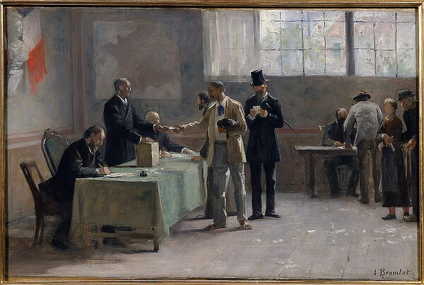 Universal suffrage: A polling station in 1889. sketch by Alfred Bramtot (1852-1894) 1889