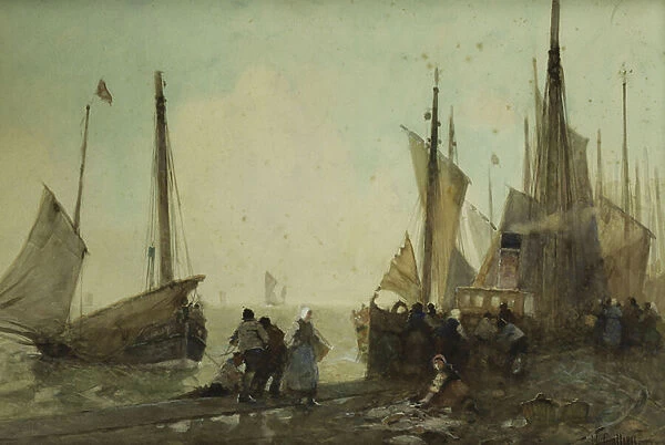 Unloading Fishing Boats on the Quay, Brittany, (watercolour heightened with white)