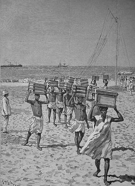 Unloading a ship on the beach, Historic, digital reproduction of an original 19th century painting, Dahomey, 1888
