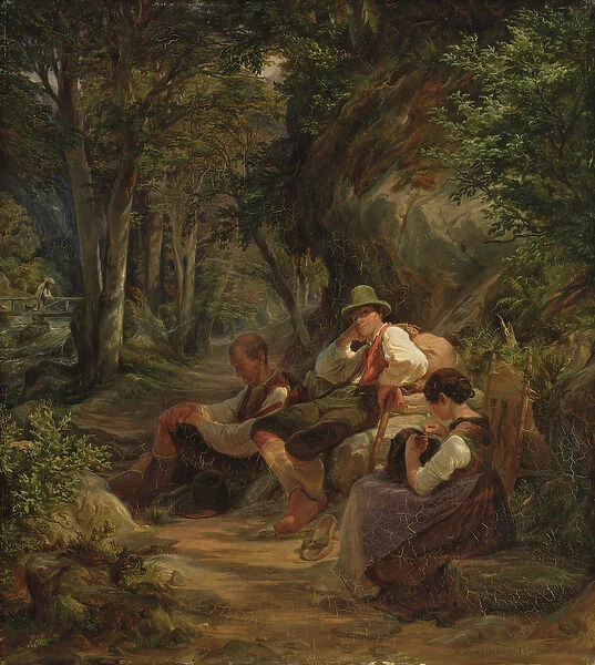 Three Upper Bavarians Resting on an Alpine Path, 1841 (oil on panel)