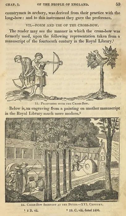 Framed Print : Upper illustration, practising with cross-bow. Lower illustration, cross-bow shooting at the butts Framed Print : Upper illustration, practising with cross-bow. Lower illustration, cross-bow shooting at the butts