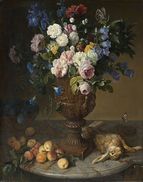 Urn of Flowers with Fruits and Hare, 1715 (oil on canvas)