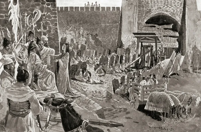 Framed Print : The use of deception in war. A Chinese emperor of the 2nd century BC using mannequins on his besieged city walls to deceive the enemy