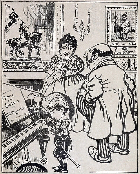 A used bronze, caricature with battleships, sheet music for Deroulede on the piano