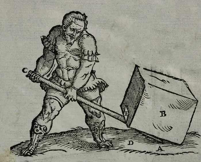 Framed Print : Using a lever (class 2) for lifting weights, engraving from I dieci libri d'architettura secondo i precetti di Vitruvio, by Giovanni Antonio Rusconi, published by Nicolini, 1660, Venice