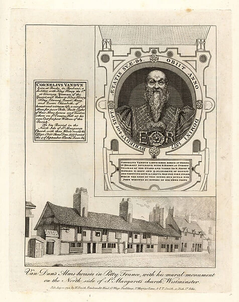 Van Duns almshouses in Petty France, with his mural monument in St Margarets Church, Westminster