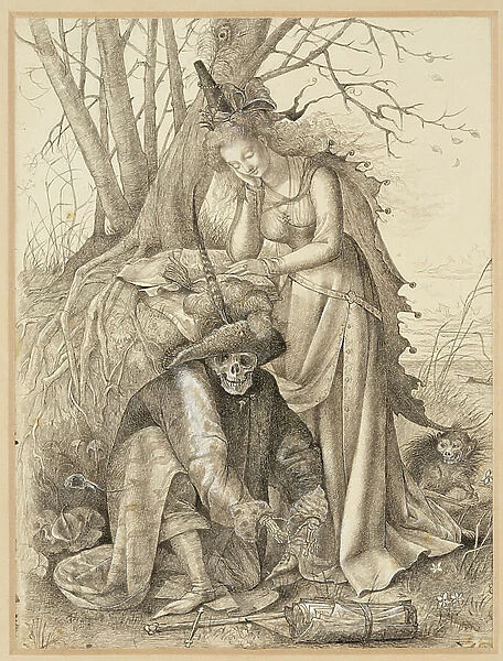 Vanitas Allegory: Death and a young woman, 1801-1900 (pen and black ink with touches of white body colour on paper)