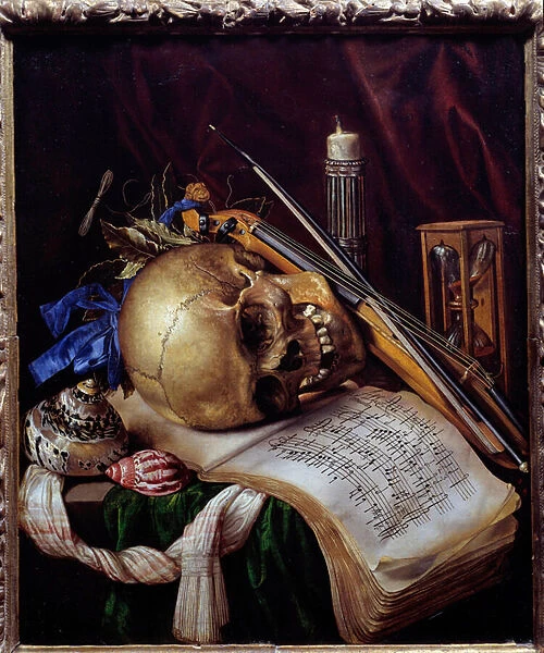 Vanite Still life of skull, sheet music, musical instruments, shells and hourglass