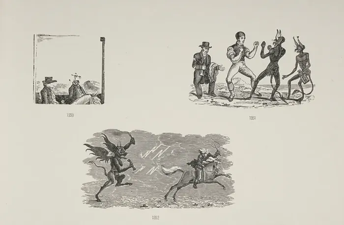 Framed Print : Various scenes including a man boxing with a devil and a devil chasing a horseman Framed Print : Various scenes including a man boxing with a devil and a devil chasing a horseman